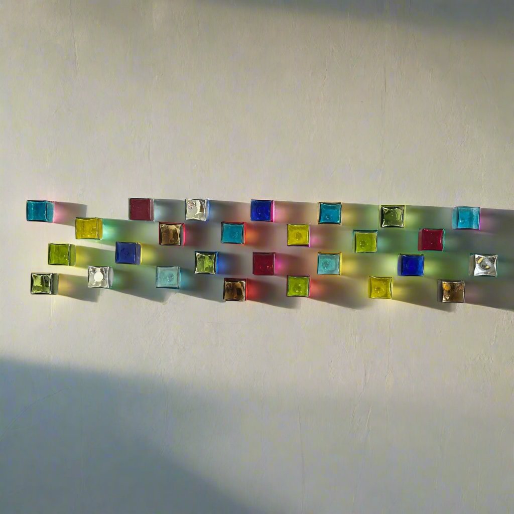 Two inch glass cubes on a wall