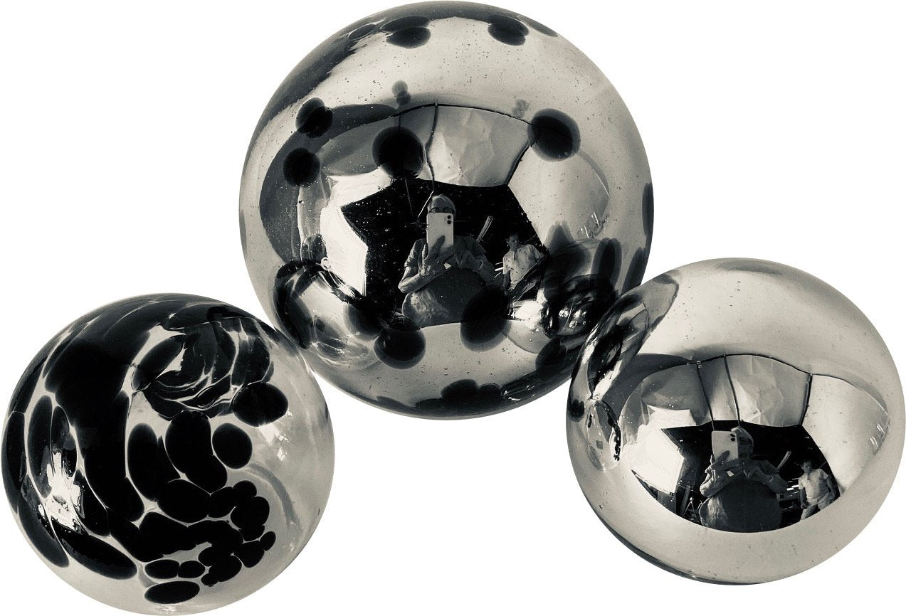 SPHERE SET/3-SILVER & BLACK GLASS BALLS - Worldly Goods Too